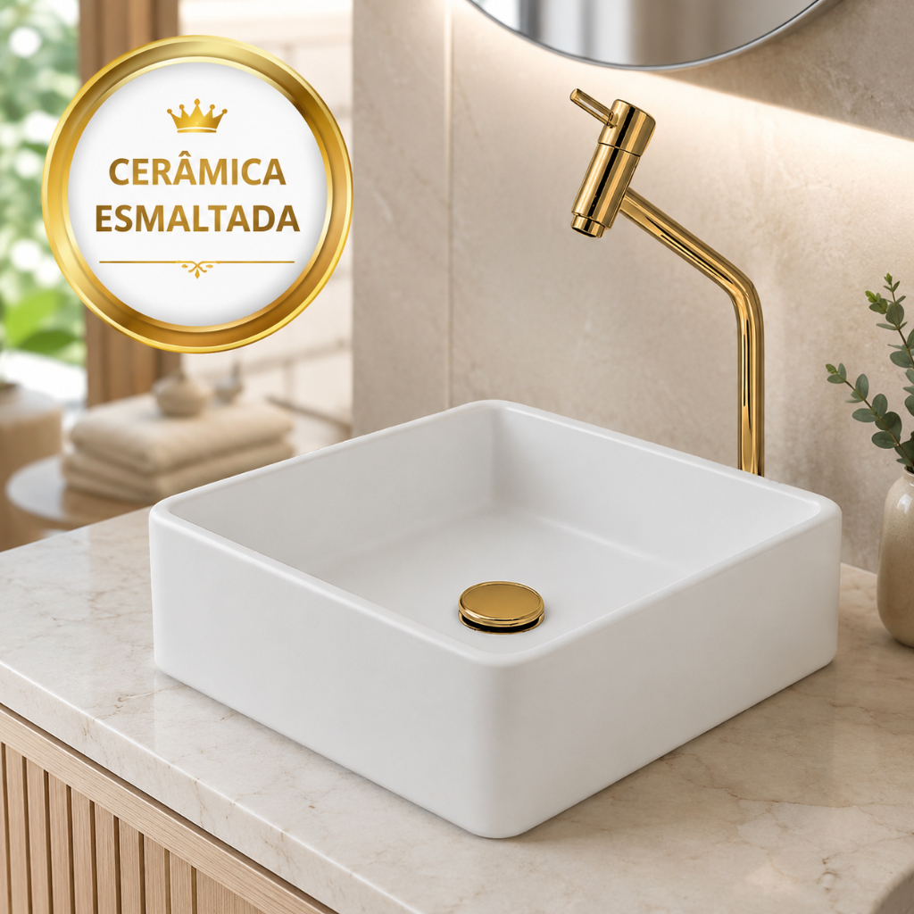 Kit Cuba para Banheiro Sobrepor Cerâmica Esmaltada Branca Torneira para Pia Banh