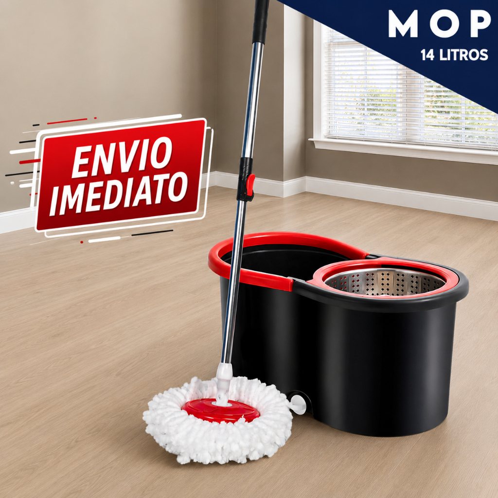 Mop Girátorio Profissional – Balde com Centrífuga 14L + Refil Microfibra e Cabo Retrátil Reforçado