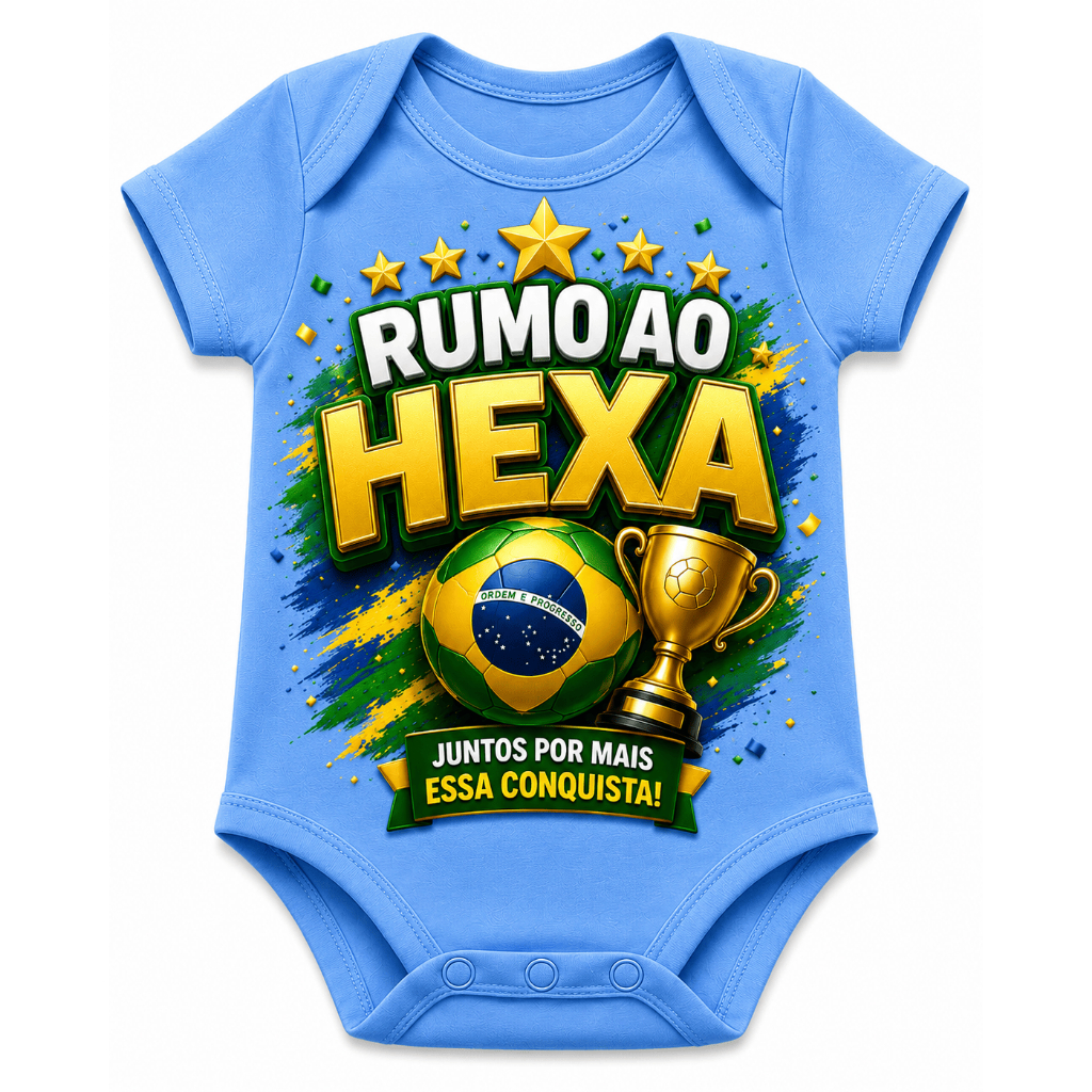 Body Bebê Rumo ao Hexa Copa do Mundo 100% Poliéster Estampa 3D Infantil Azul Branco Rosa P M G GG ⚽🇧🇷
