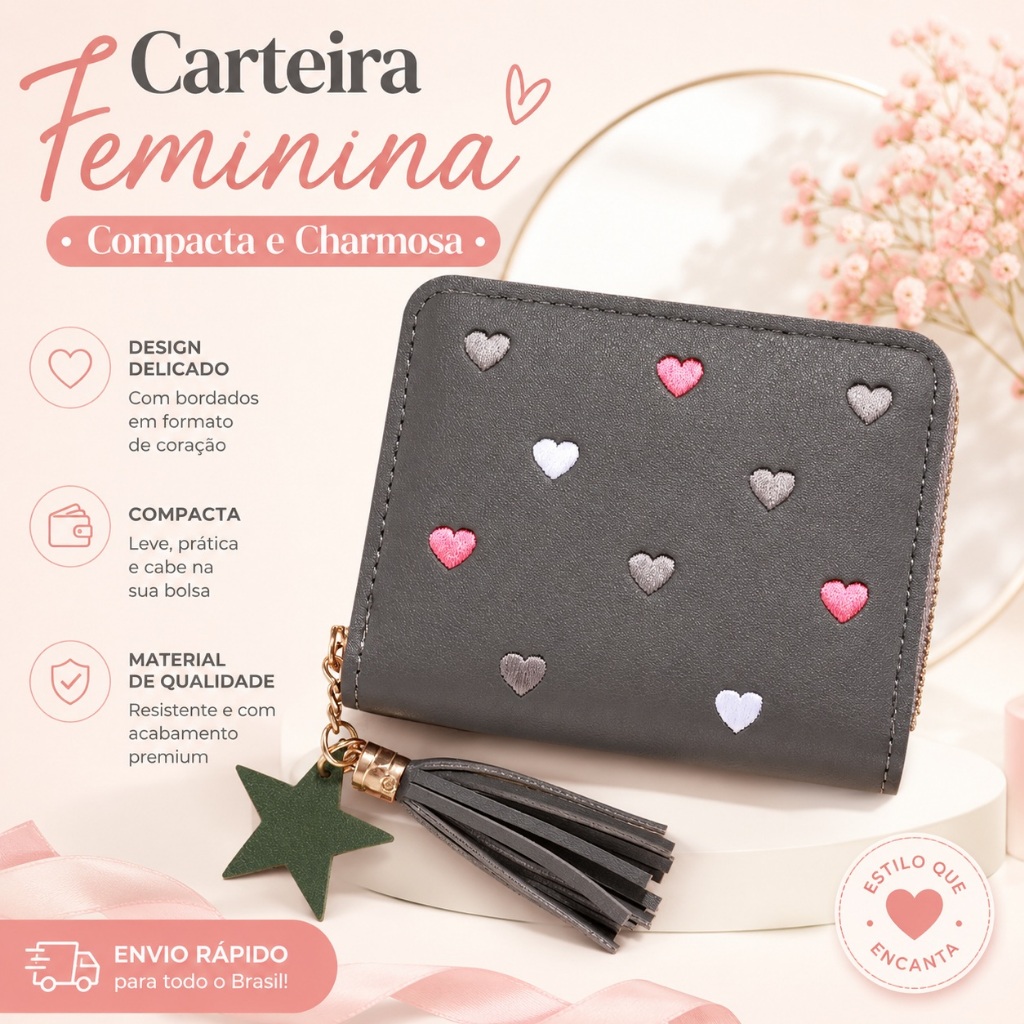 Carteira Feminina Pequena Mini com Zíper Porta Cartão e Moedas | Compacta e Estilosa 6381