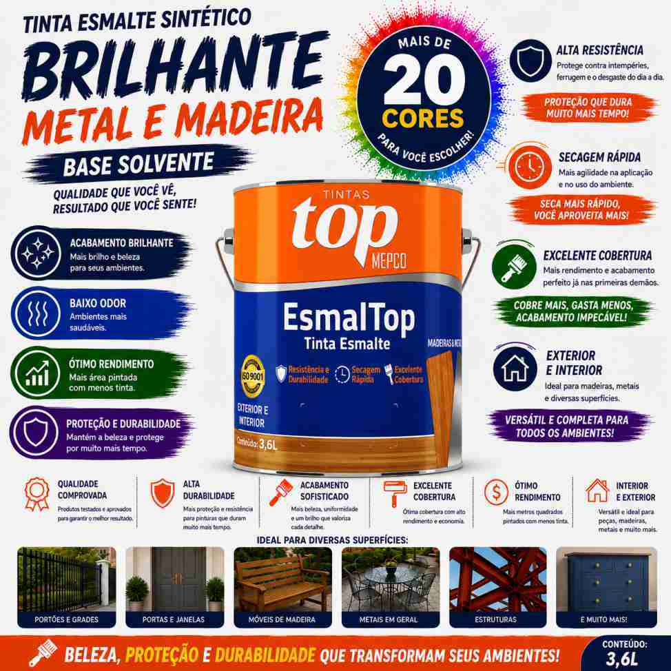 Tinta Esmalte Sintético Brilhante 3,6L - Metal e Madeira  ( Base Solvente )