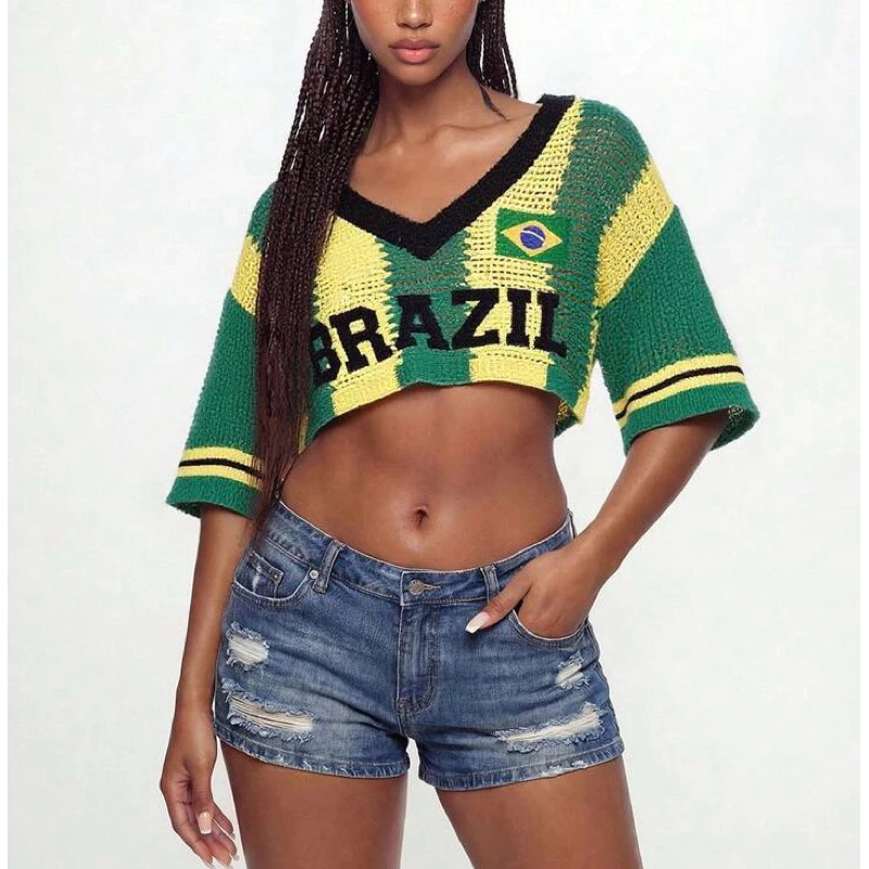 Blusa do Brasil Tricô Cropped Copa do Mundo Seleção Brasileira Bordada Verde Amarelo COP13