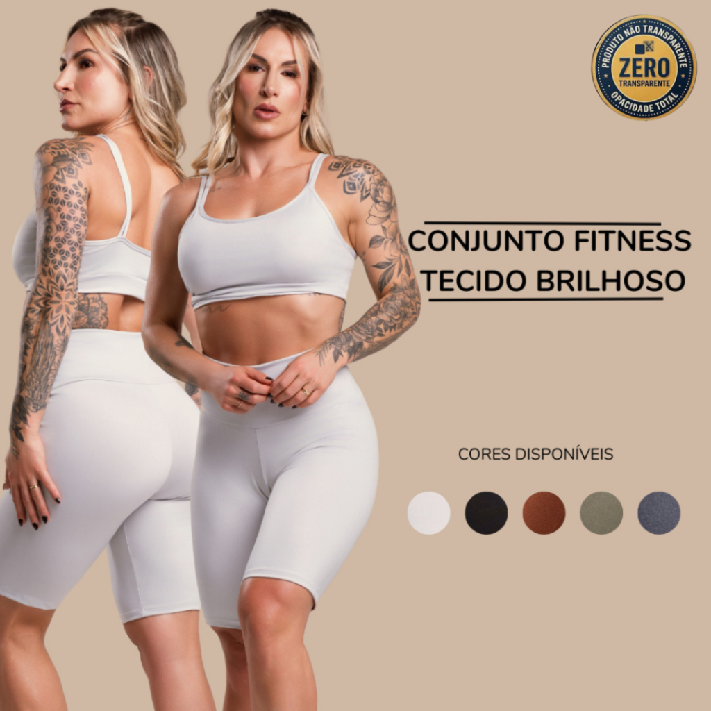 Conjunto Fitness Feminino Brilhoso Academia Top Alcinha e Bermuda Lisa Cintura Alta Com Brilho ZERO TRANSPARÊNCIA