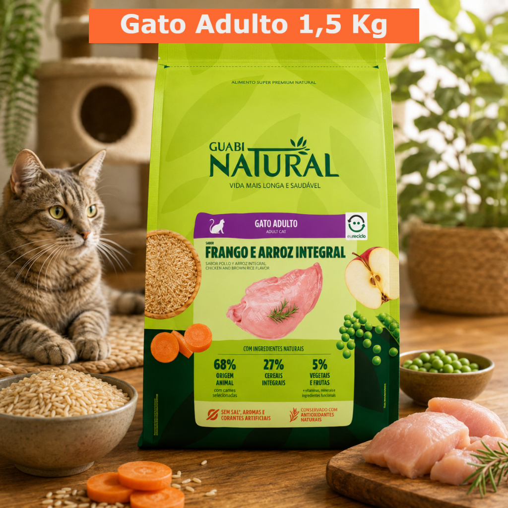 Ração Premium Gatos Adultos Sabor Frango e Arroz Integral 1,5Kg