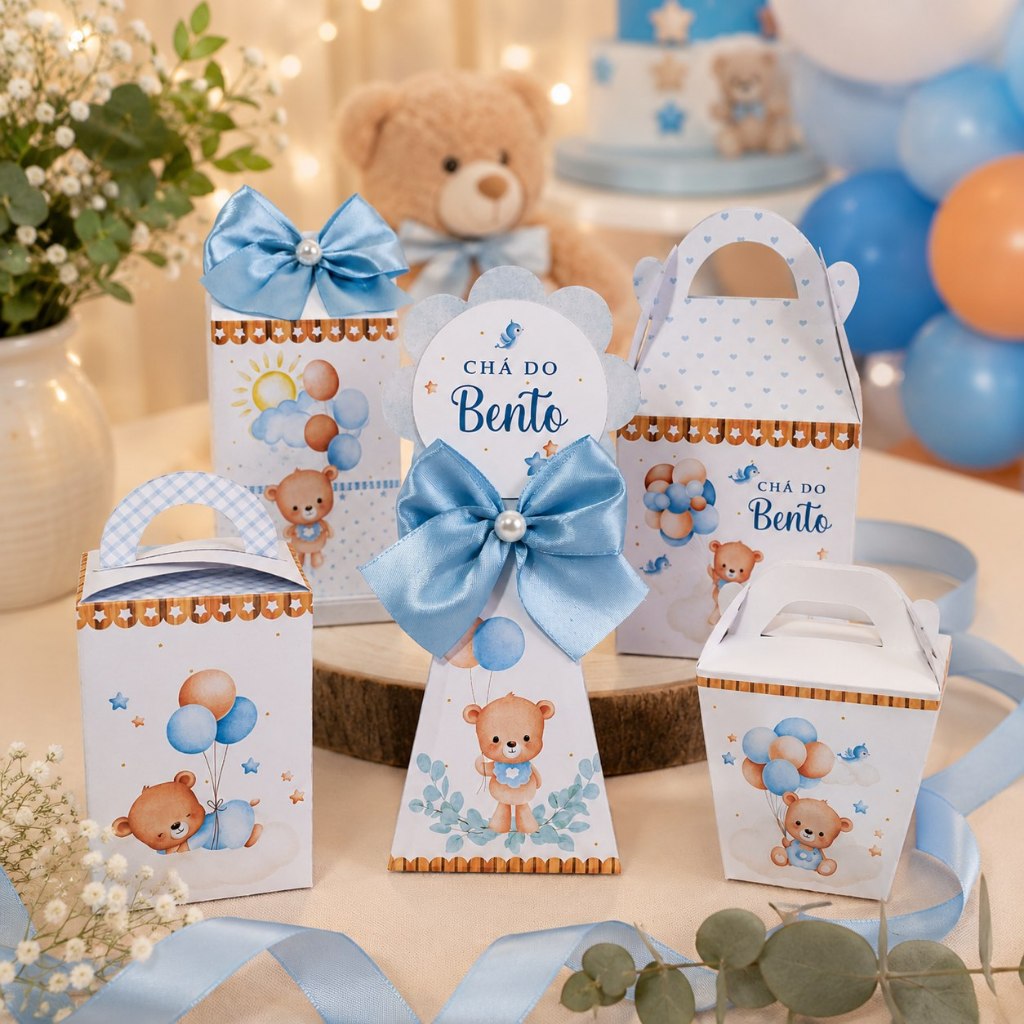 Caixinhas personalizadas para cha de bebe revelação ursinhos azul e branco