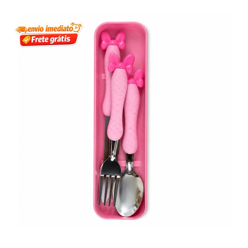 Kit Talher Infantil Minnie Rosa com Estojo | Colher Garfo Faca Aço Inox para Criança