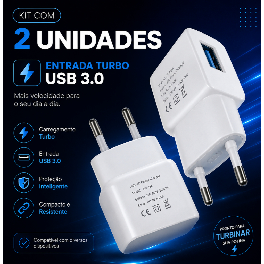 Kit 2 Carregadores USB Turbo 5V 2A Universal Branco