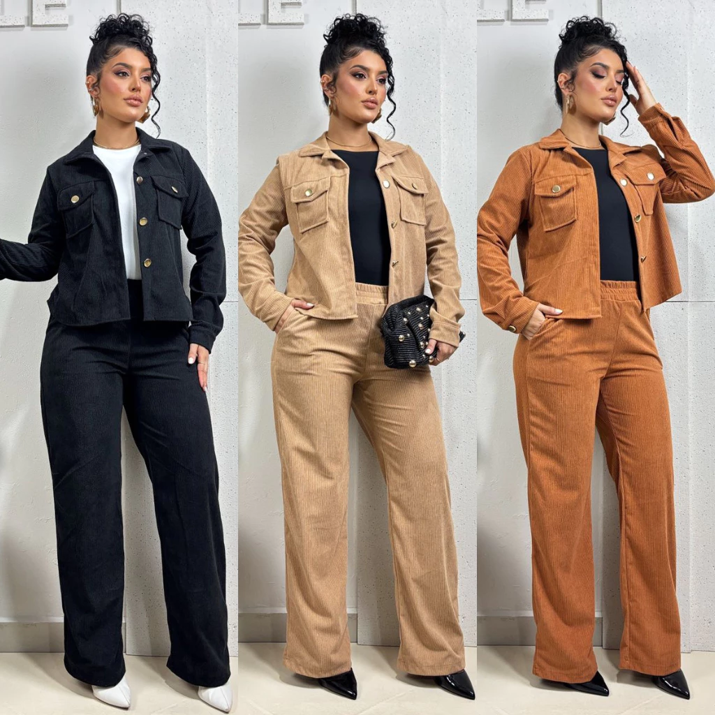 Conjunto Feminino PREMIUM INVERNO Veludo Cotelê Jaqueta Croped Calça Wide Leg Cintura Alta Tendencia — imagem 1