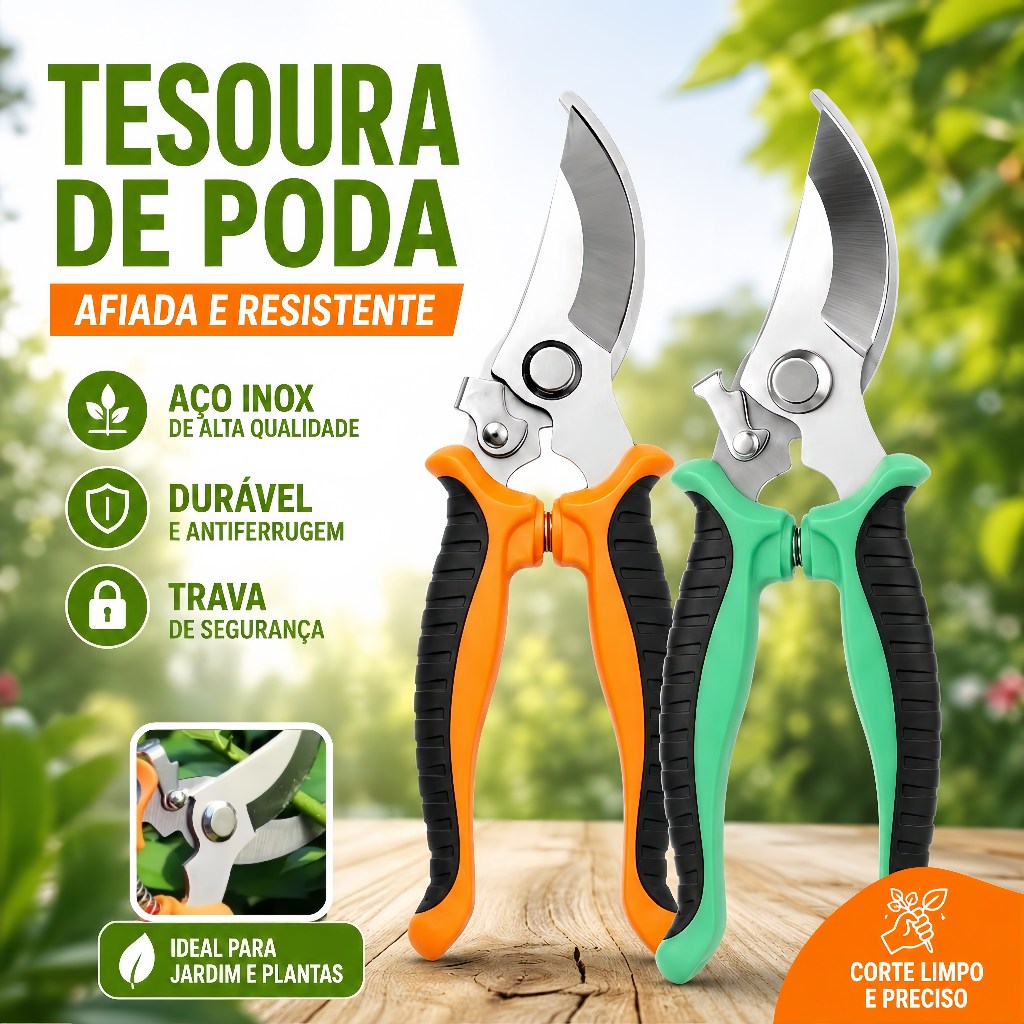 Tesoura de Poda Lâmina Aço Inox 3mm KINETX Profissional Super Resistente e Ergonômica