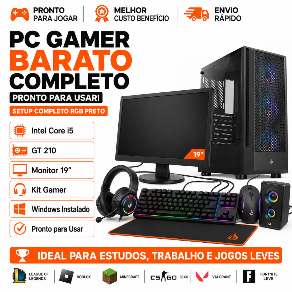 PC Gamer Barato Completo i5 GT 210 Setup Completo RGB Preto Monitor 19 Windows