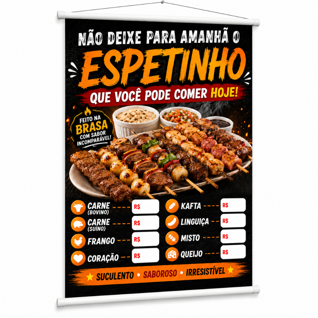 Banner Venda de Espetinho Variados Sabores produzido em lona. Cartaz Propaganda Barracas Churrascaria Carrinho Espeto