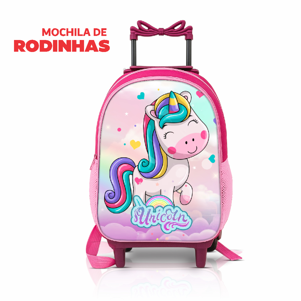 Mochila Escolar infantil Unicórnio rodinha de silicone - menina - reforçada