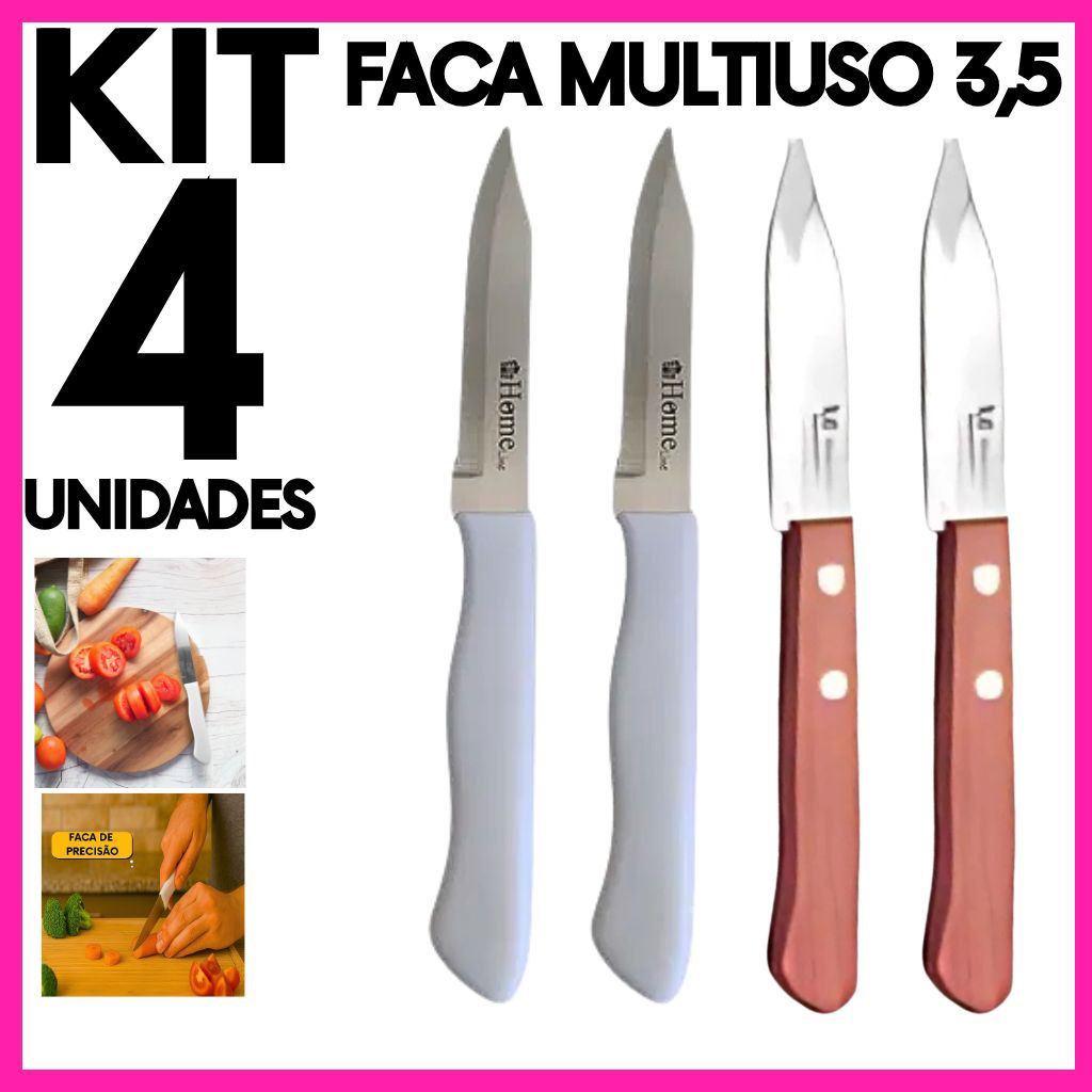 Kit 4 Faca Legumes Inox Profissional | Faquinha Frutas | Cabo Madeira e Plástico