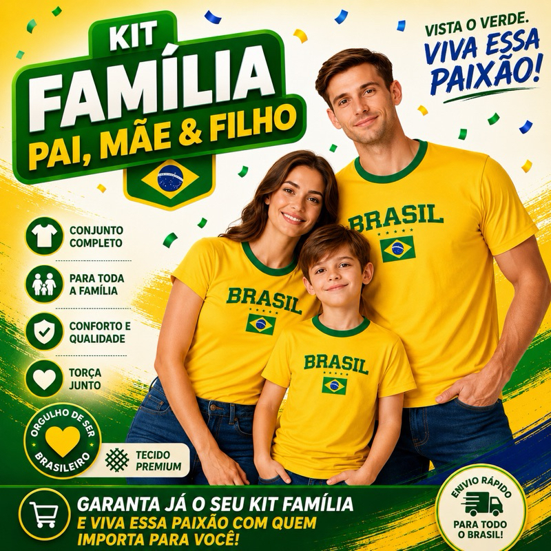 Kit Família Brasil Pai Mãe Filho Camisetas Copa do Mundo Amarela Verde Azul Conjunto Família