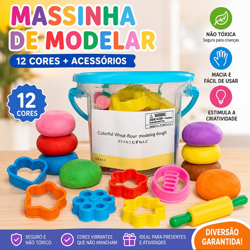 Kit Massinha de Modelar Balde Unidades Colorida Macia 12 Cores