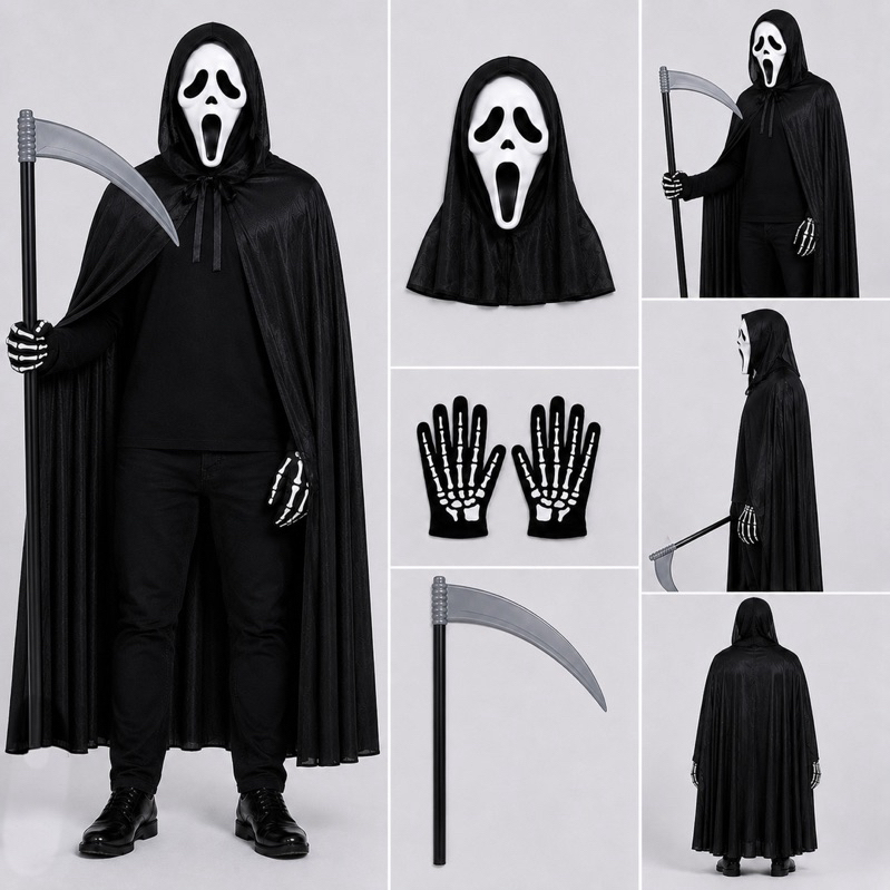 Fantasia Completa Pânico (Mascara Comum ou Premium Resistente + Capa C/ Capuz  + Foice + Luva) Halloween Carnaval