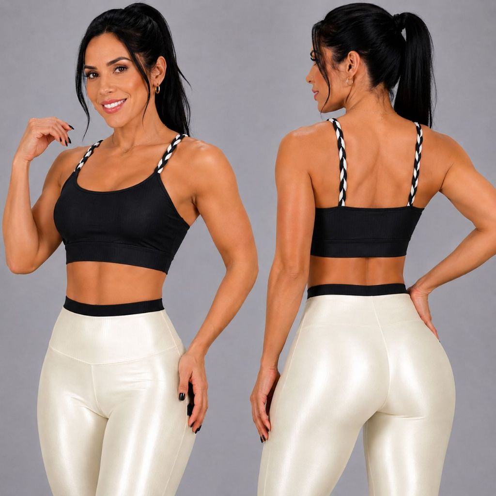 Conjunto Academia Premium Fitness Top e Calça Legging Cintura Alta Zero Transparência Alta Compressão MicroCanelado