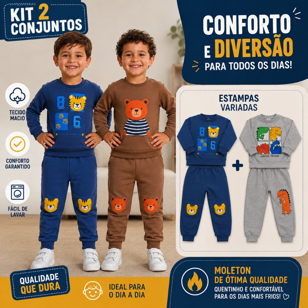 Kit com 2 Conjuntos Infantil Moletom Menino Inverno Cores e Estampas Sortidas