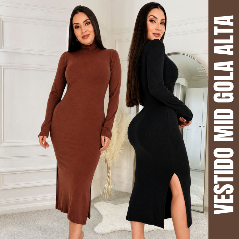 Vestido mid gola alta feminino Canelado Inverno Manga Longa Frio Fenda Vestidos marrom cinza