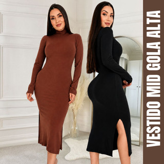 Vestido mid gola alta feminino Canelado Inverno Manga Longa Frio Fenda Vestidos marrom cinza