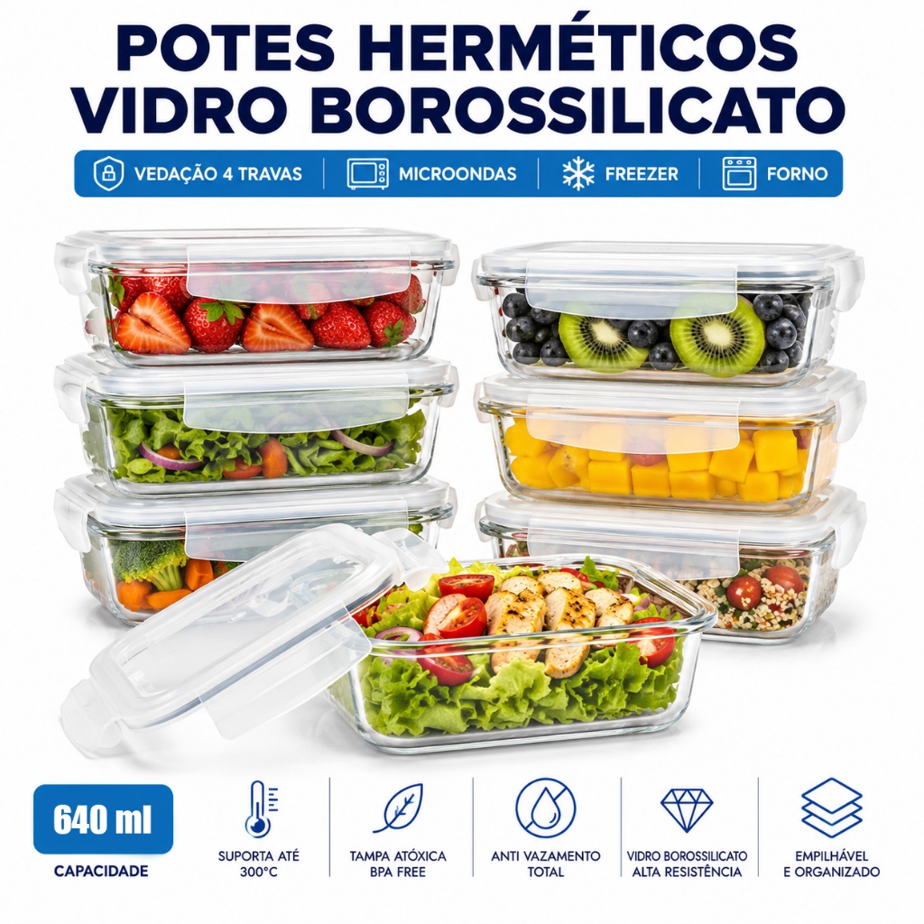 Pote Vidro Hermético Forno Microondas Freezer Airfryer Dieta Fitness Marmita - 1 a 5 unidades