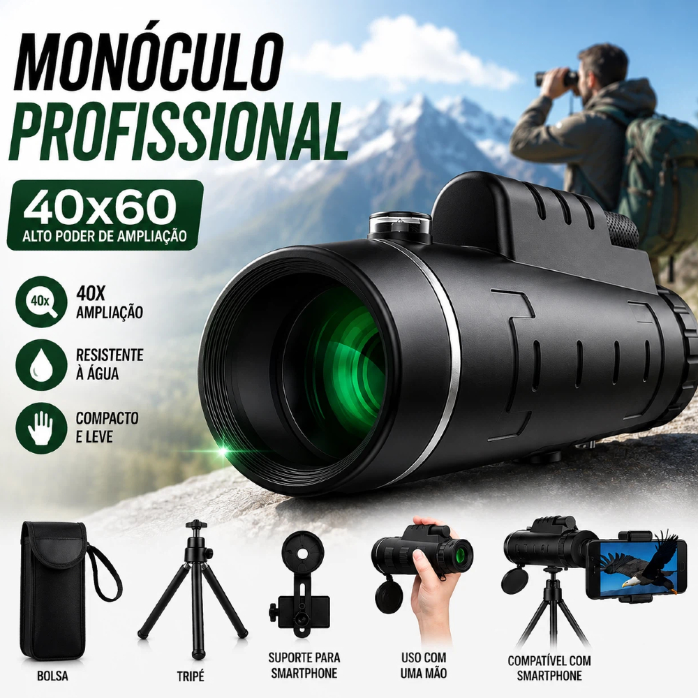 Monóculo Telescópio HD 40x60 Portátil com Zoom (com Tripé e Suporte para Celular)