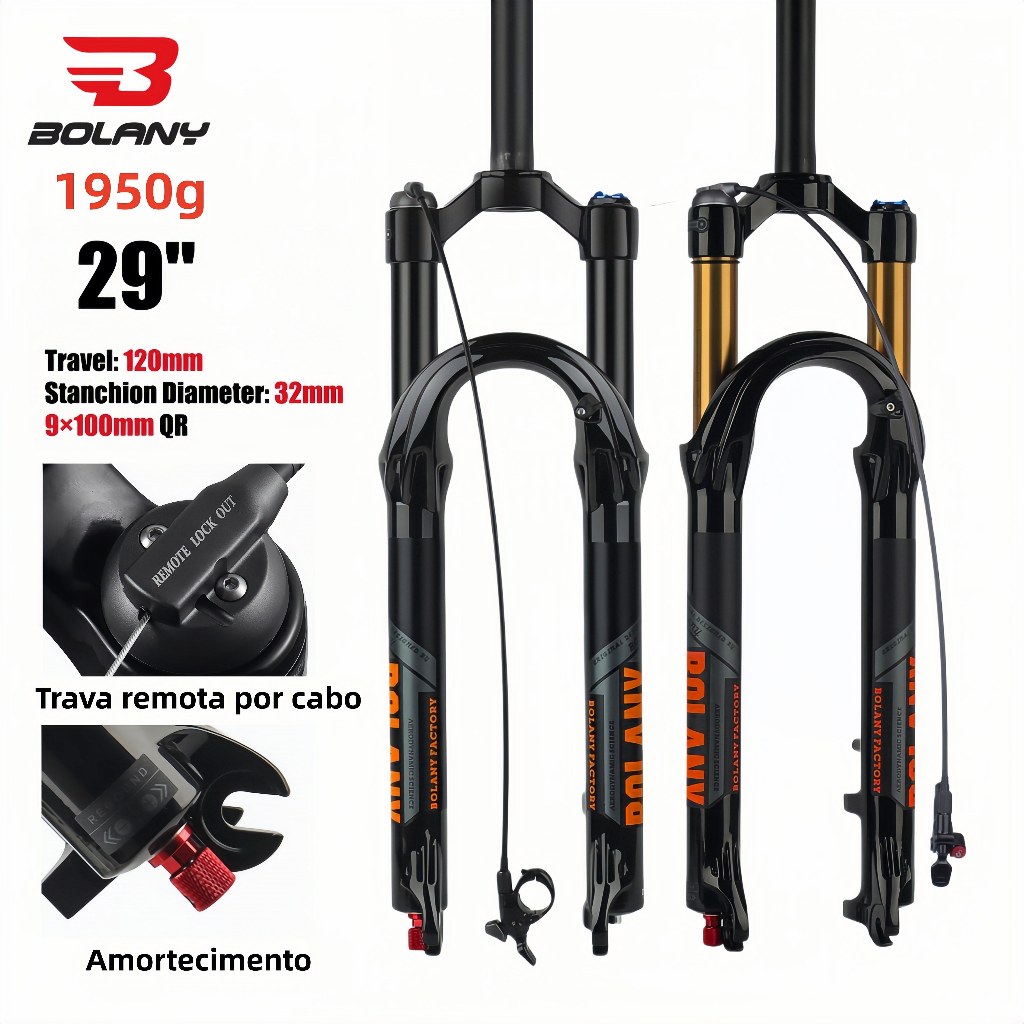 Garfo Mtb Bolany, Trava remota, 120mm, Espiga reta, Super lubrificado, Manutenção descomplicada, Amortecimento, Disco.
