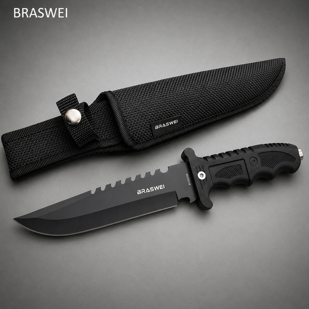 Faca Tática Militar 34cm Braswei BW7201 Sobrevivência Camping Caça Bushcraft Profissional Com Bainha Black