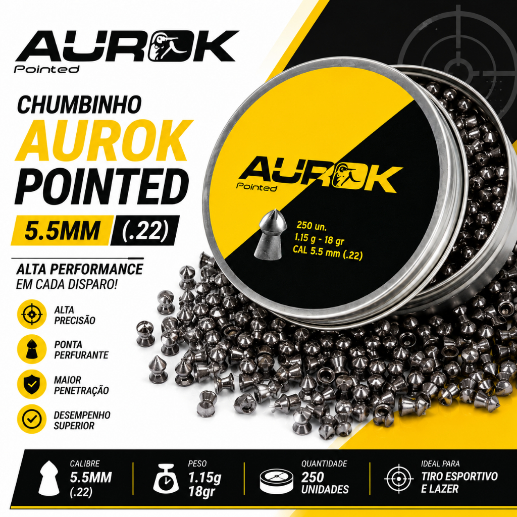 Chumbinho Aurok Pointed 5.5mm (.22) 18gr Cx 250 Unids