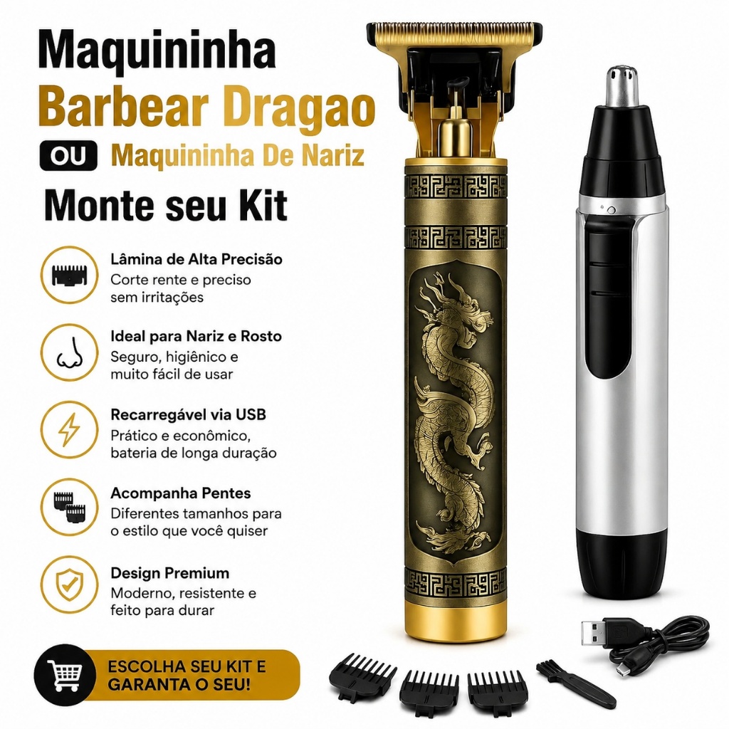 Máquina Profissional Dragão E Nariz Acabamento Sem Fio Cabelo Barba Pezinho Lamina Ajustável
