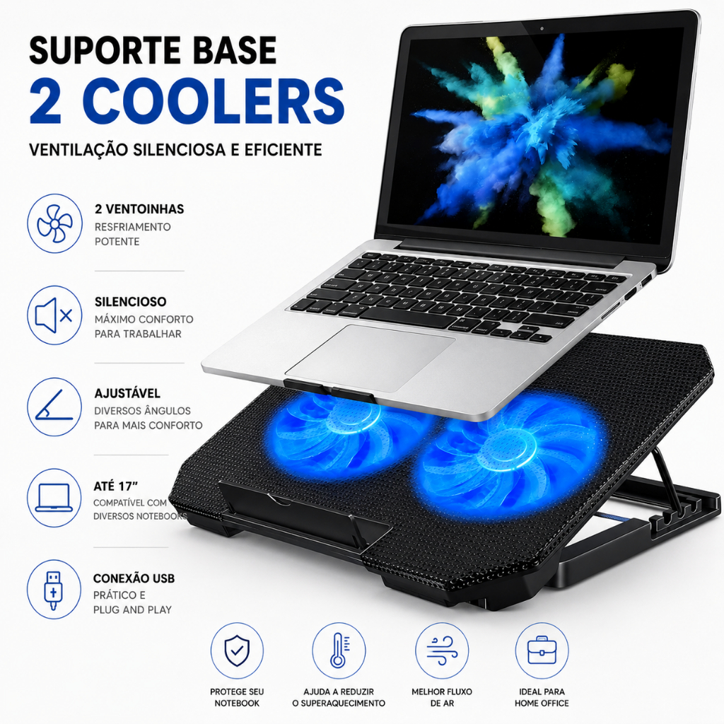 Suporte Base Refrigerada Notebook 2 Coolers Ventilação Silenciosa Ajustável USB Até 17” Gamer Home Office