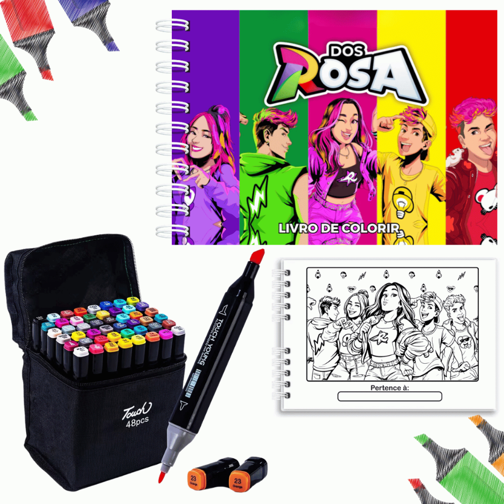 Kit Livro de Colorir Dos Rosa Capa Dura + Canetinhas Ponta Dupla