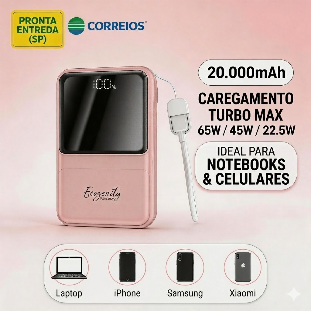 Carregador Portátil Para Celular Samsung iPhone Power Bank 20000mAh Turbo 65W 45W 22.5W Notebook Bateria Portatil