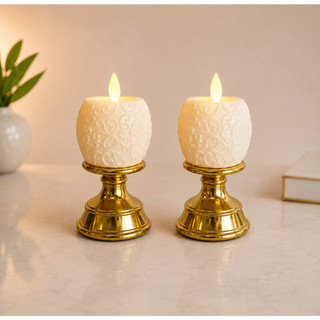 Kit 2 Vela Led Castiçal Dourado Chama Viva Decorativa Pilha