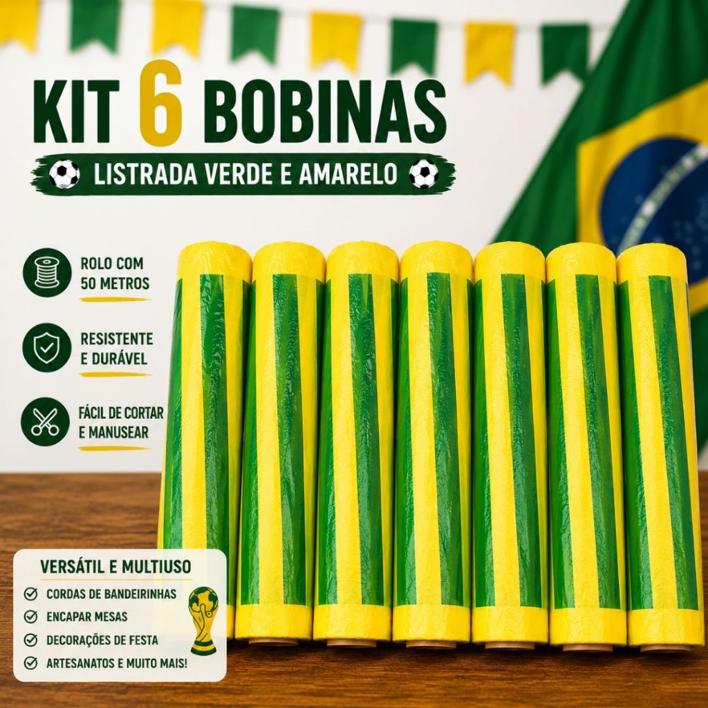 Kit 150 Metros Bobina Varal De Fitilho Plástica Brasil Festa Junina Copa Do Mundo  2026 Decoração