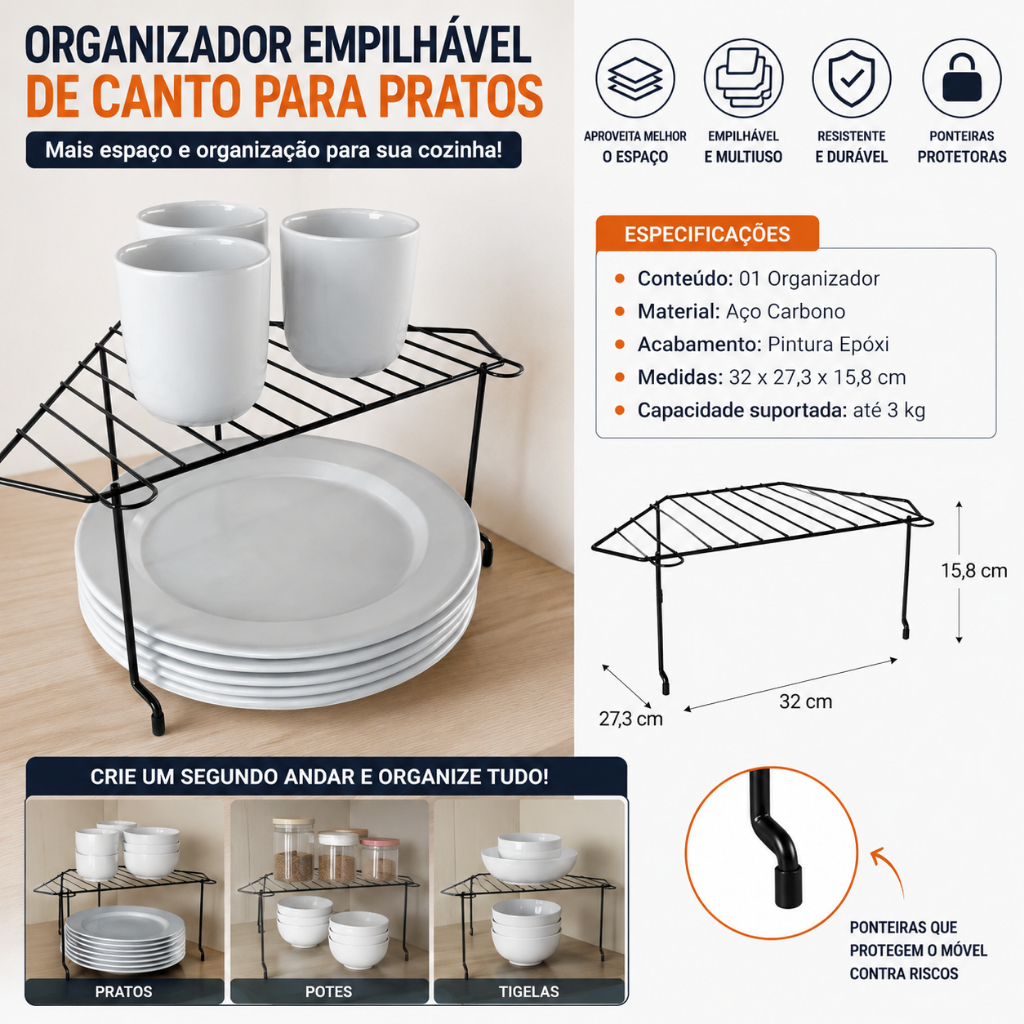 Organizador Empilhável de Canto Multiuso Aramado Para Pratos Armário Cozinha Resistente