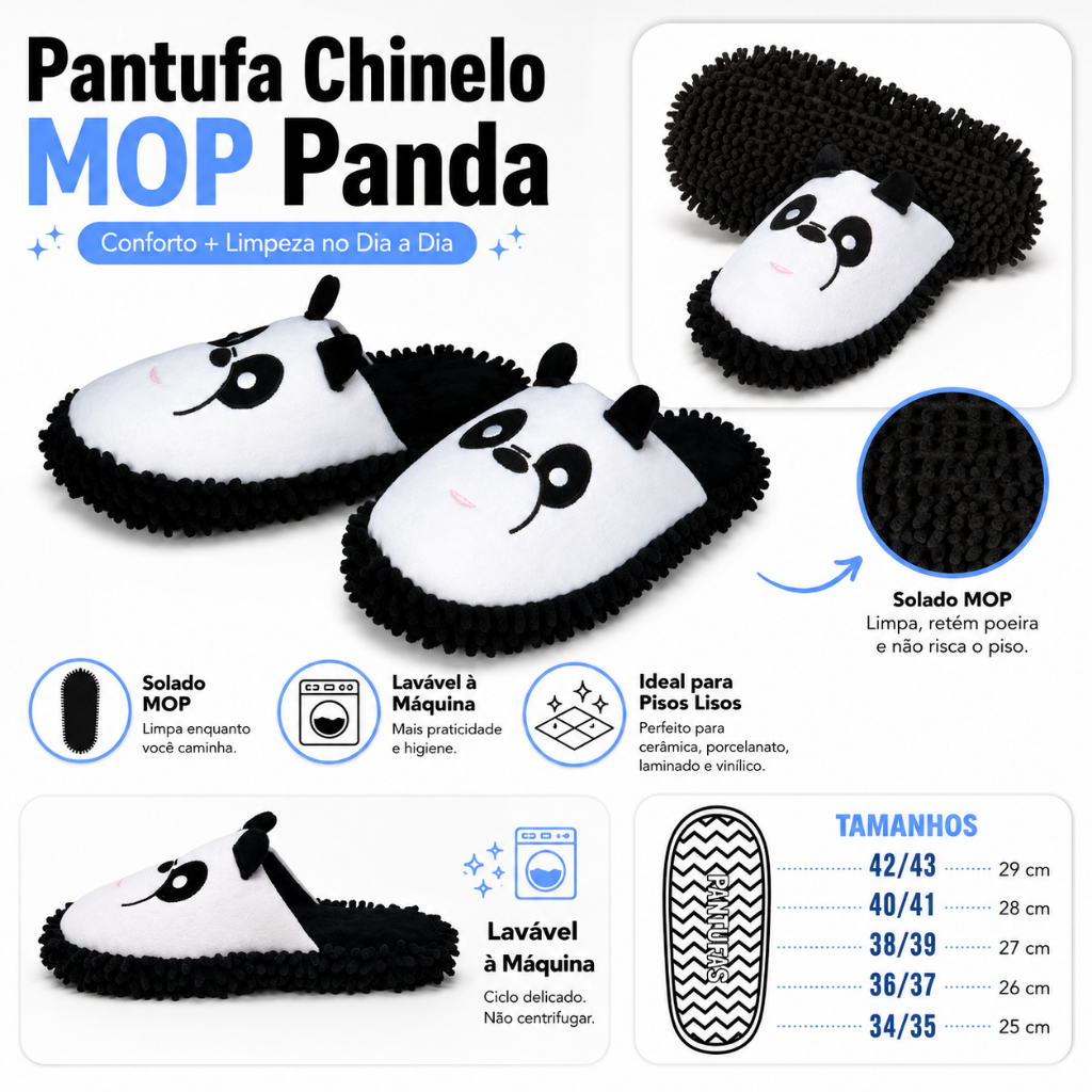 Pantufa Chinelo MOP Panda Importway Limpa Piso Lavável à Máquina 34 ao 43
