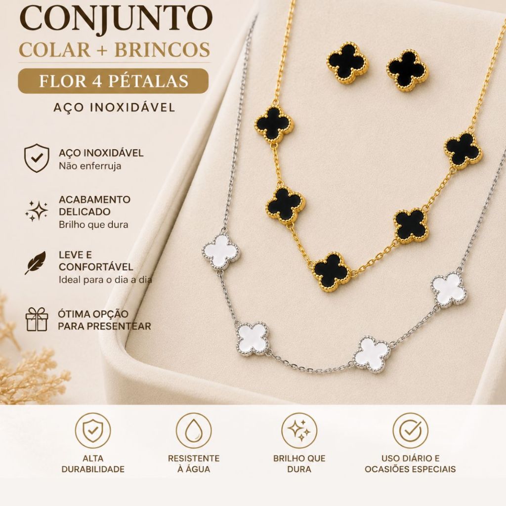 Conjunto Feminino Colar+Brincos Flor 4 Pétalas Aço Inoxidável Colorido Branco Preto Dourado Prateado