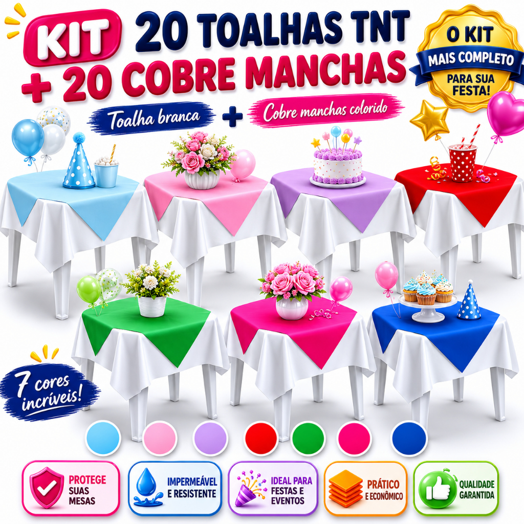 Kit Toalha Mesa TNT 1x1 + Cobre Mancha 70x70 40g Festa Aniversário Decoração