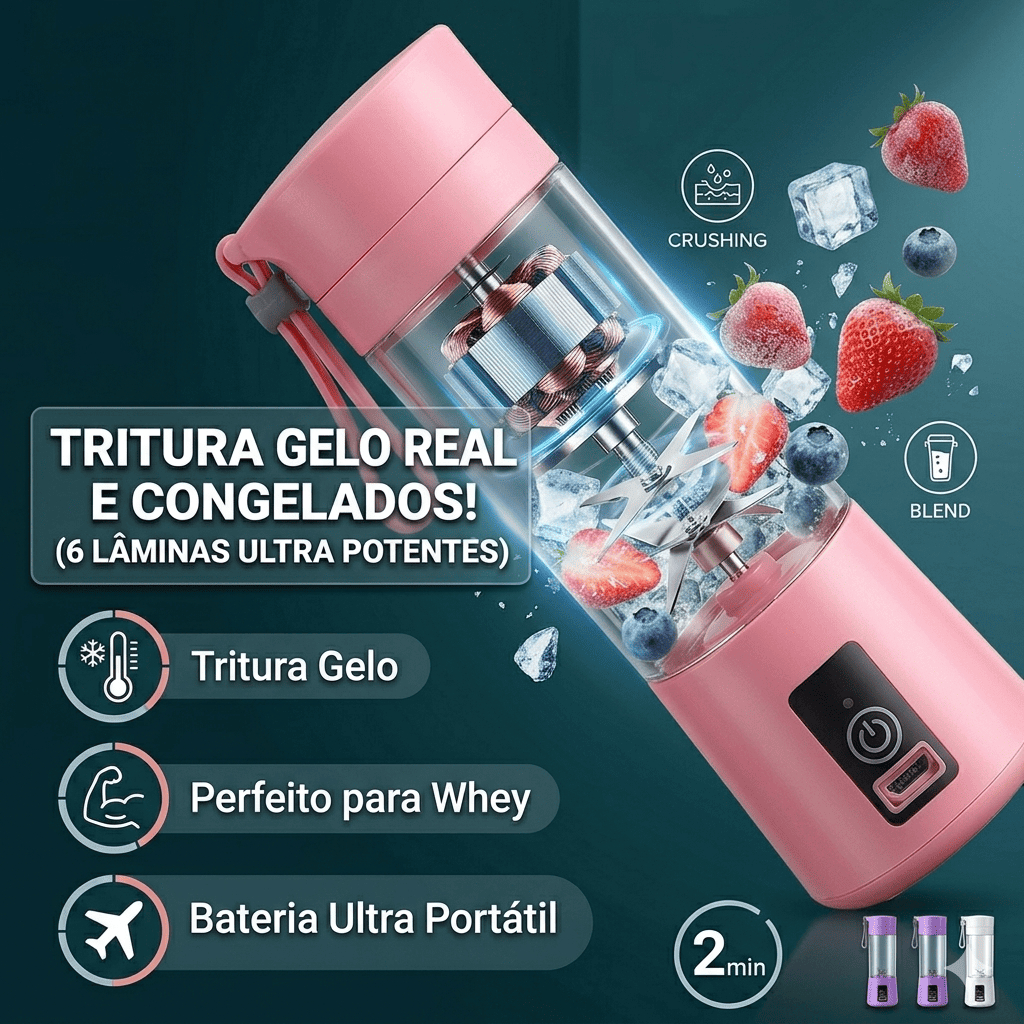 Mini Liquidificador Portátil Elétrico Espremedor De Frutas Garrafa Mixer Recarregável USB 6 Lâminas Academia