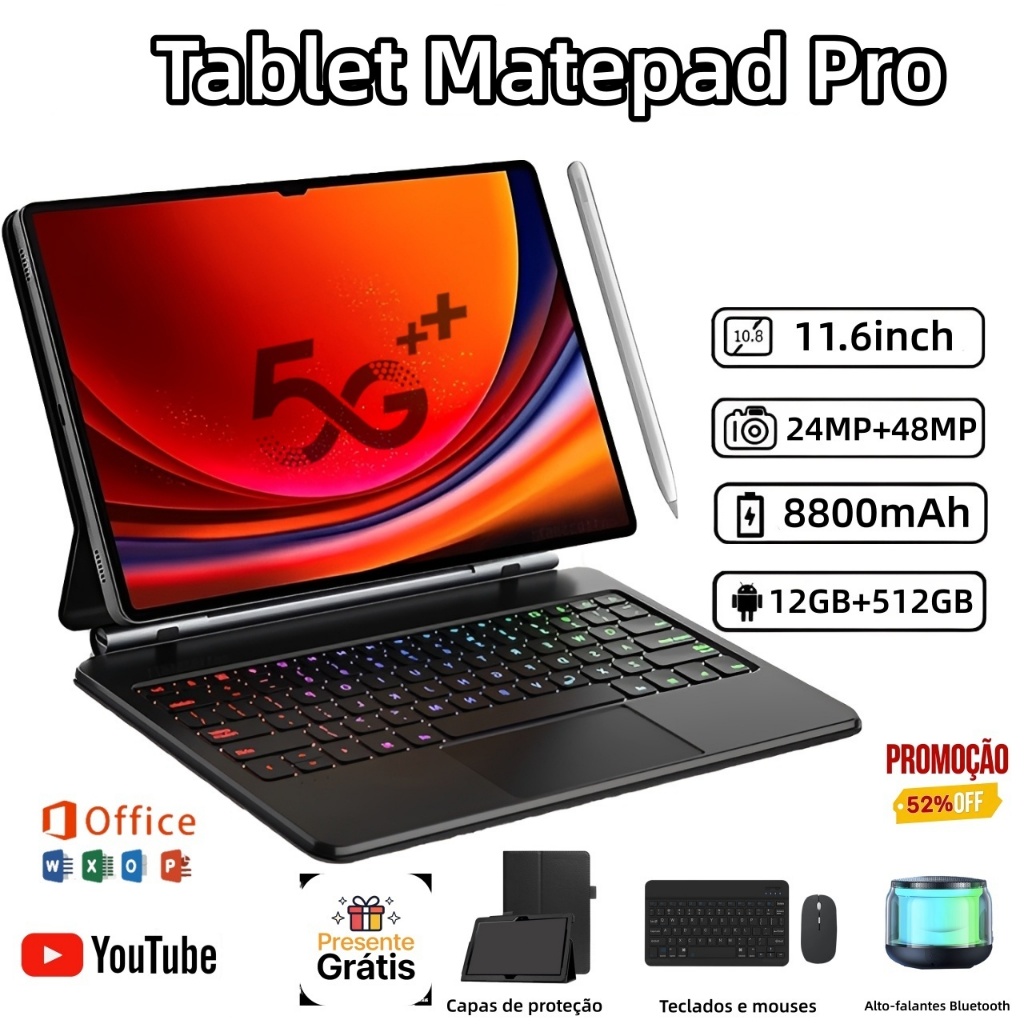 【Teclado e mouse gratuitos】Tablet  Matepad Pro 12 GB de RAM + 512 GB de ROM Tela HD de 12.8polegadas Android5G