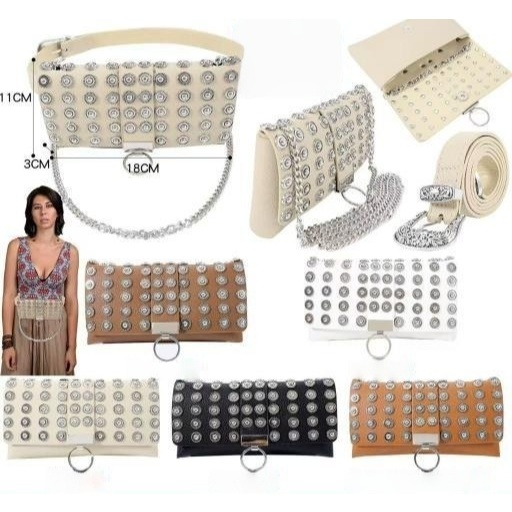 Pochete Cinturão Transversal Feminina com Tachas de Strass, Couro Lychee, 2 em 1, Moda Festa e Casual