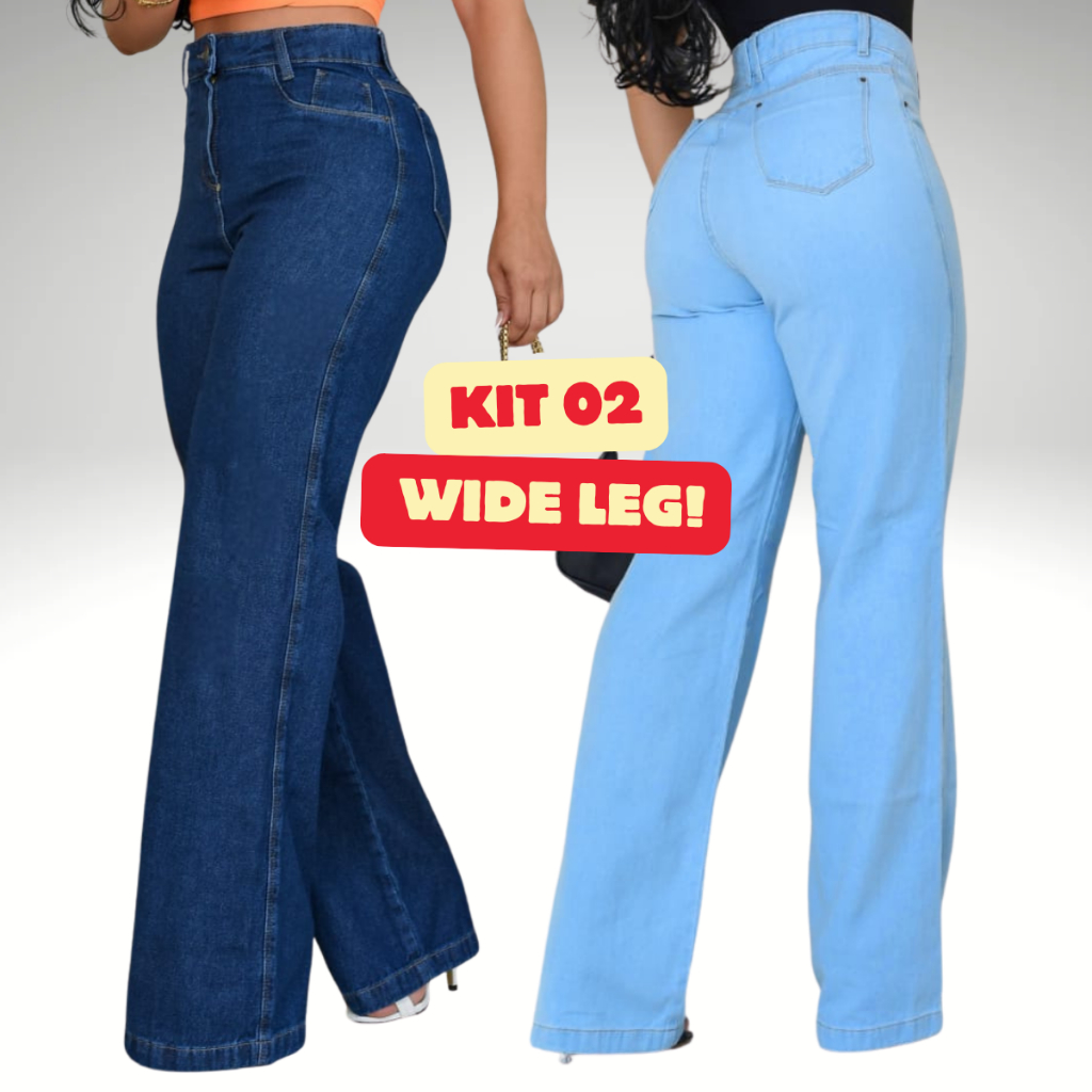 Kit 2 Calças Jeans Wide Leg Pantalona Feminina Cintura Alta Modeladora Clara Escura Carbono