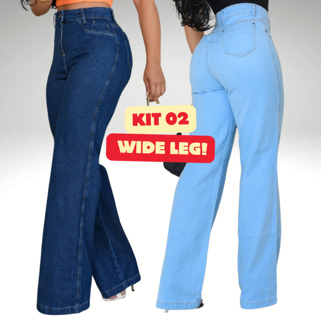 Kit 2 Calças Jeans Wide Leg Pantalona Feminina Cintura Alta Modeladora Clara Escura Carbono