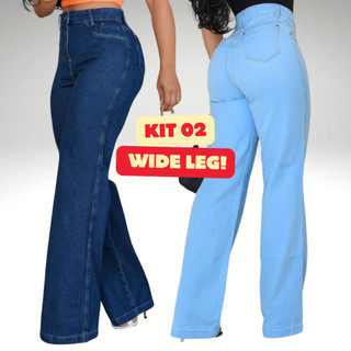 Kit 2 Calças Jeans Wide Leg Pantalona Feminina Cintura Alta Modeladora Clara Escura Carbono