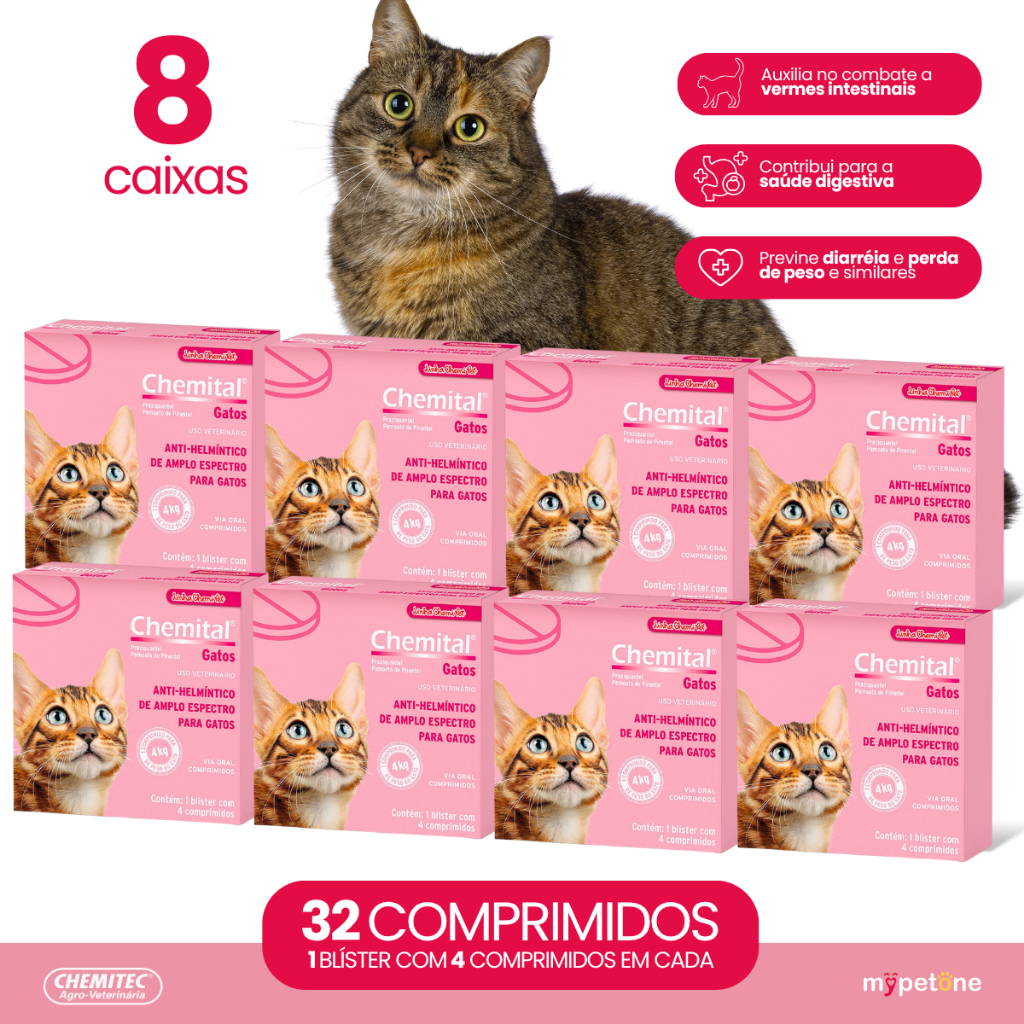 Kit 8 Vermífugo Chemitec Chemital para Gatos - 4 Comprimidos
