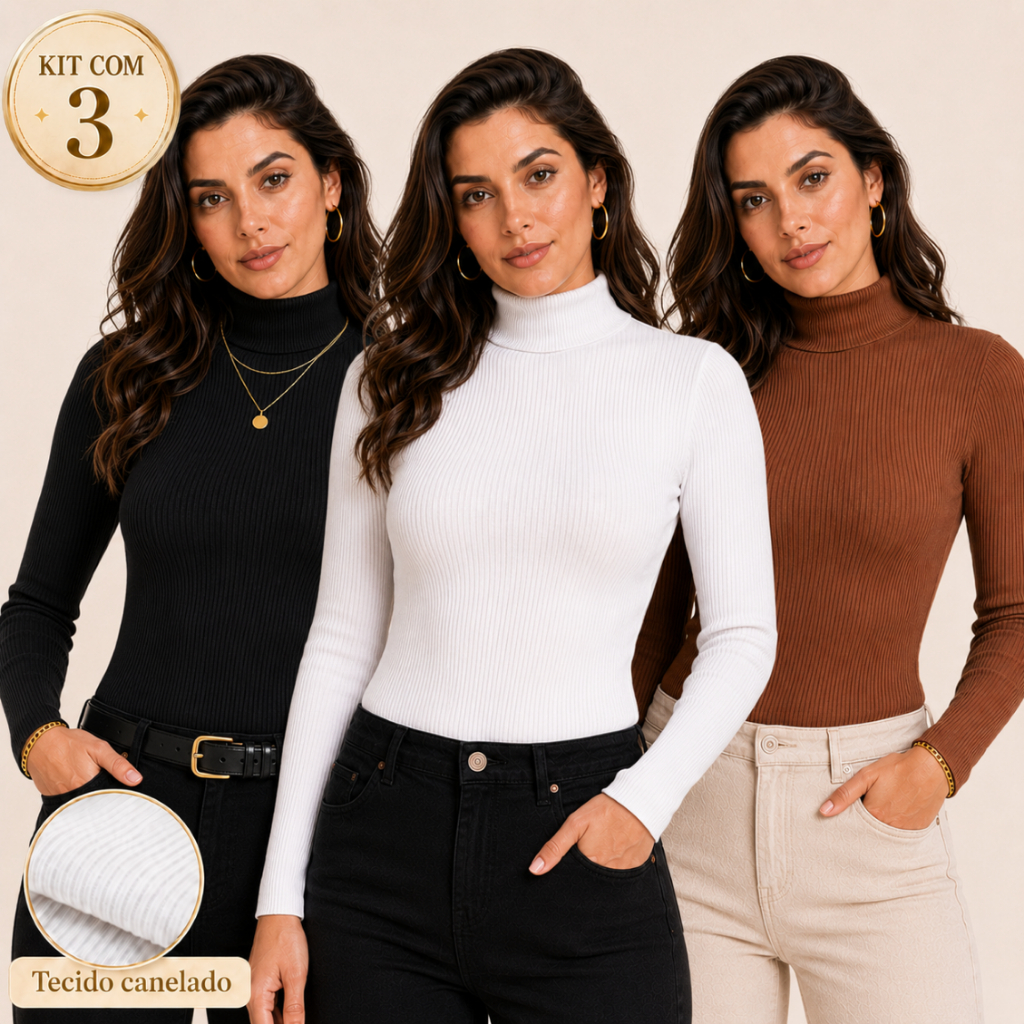 KIT 3 Blusa Cacharrel Feminina Canelada Gola Alta Manga Longa Frio Básica Confortável