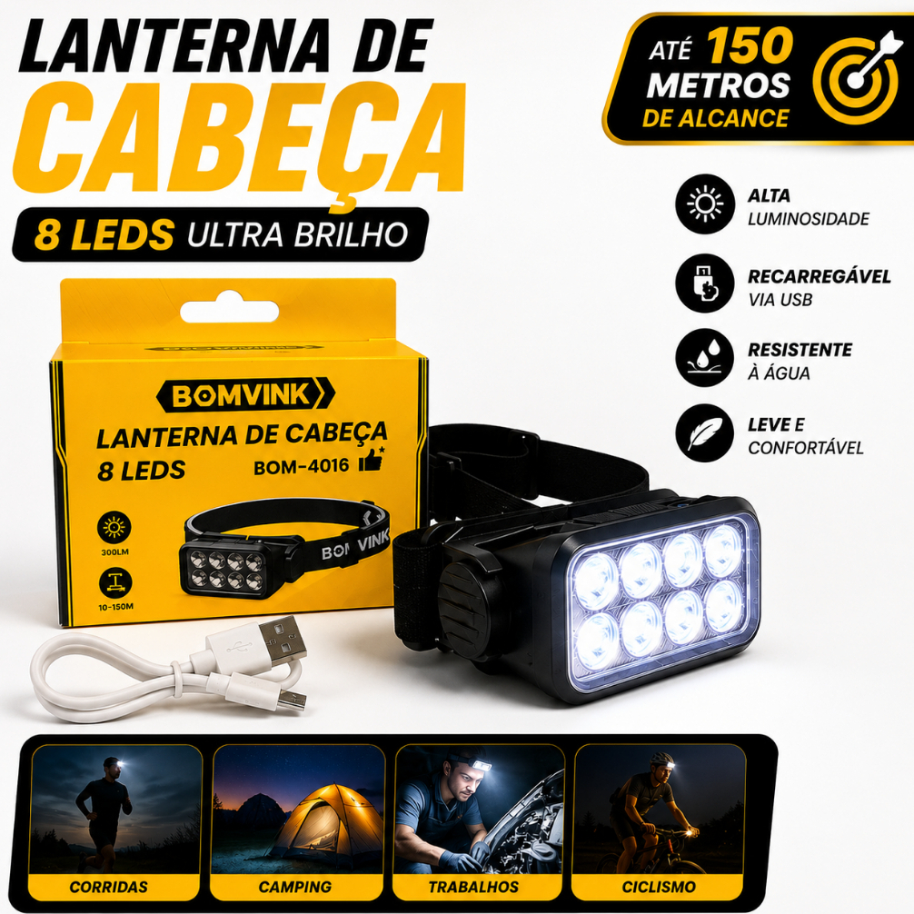 Lanterna de Cabeça Recarregável 8 LEDs Profissional Alto Brilho Para Pesca Camping e Trabalho