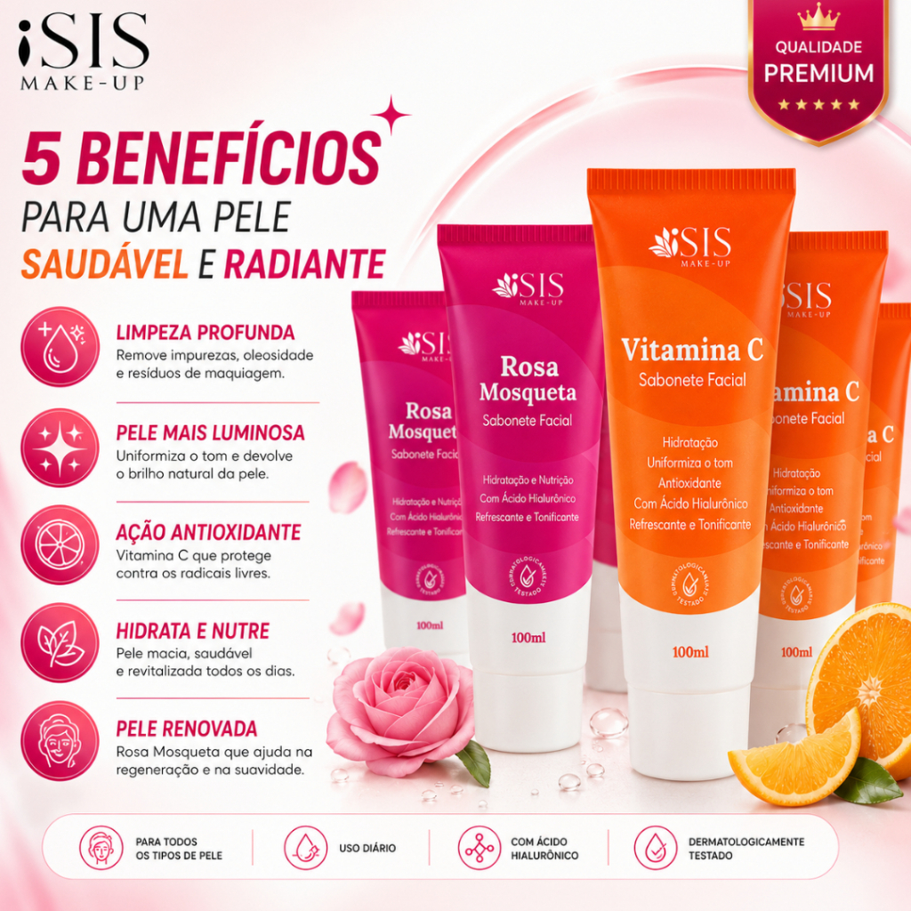 Kit com 10/ 4, unidades de Sabonete Líquido Facial Hidratante Ácido Hialurônico Vitamina C Isis Make-Up — imagem 2 de 2