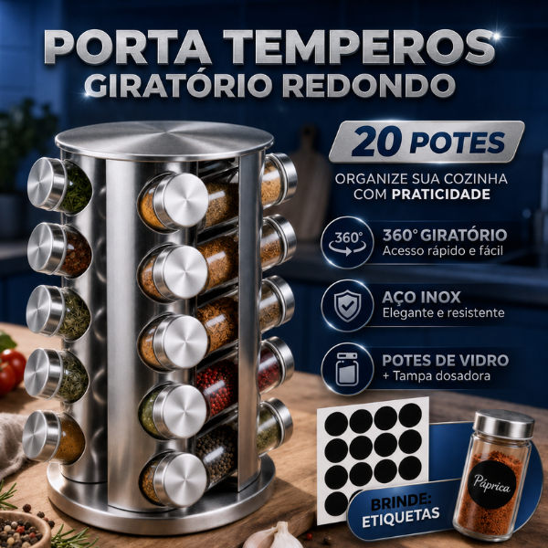 Porta Tempero Condimento 20 Peças Suporte Giratório Inox + Brinde Etiquetas e caneta